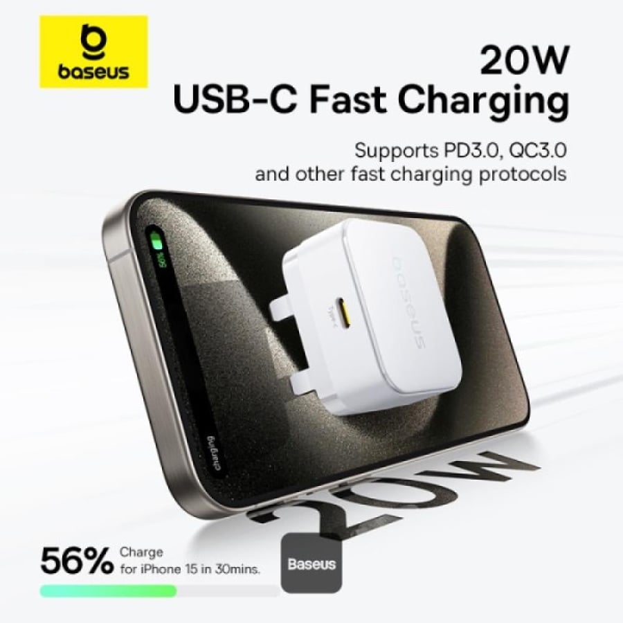 فيش جداري Baseus Palm 20W PD Type-C للشحن السريع - مع كيبل شاحن USB-C فائق السرعة  - أبيض - اسود