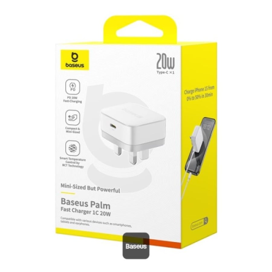 فيش جداري Baseus Palm 20W PD Type-C للشحن السريع - مع كيبل شاحن USB-C فائق السرعة  - أبيض - اسود