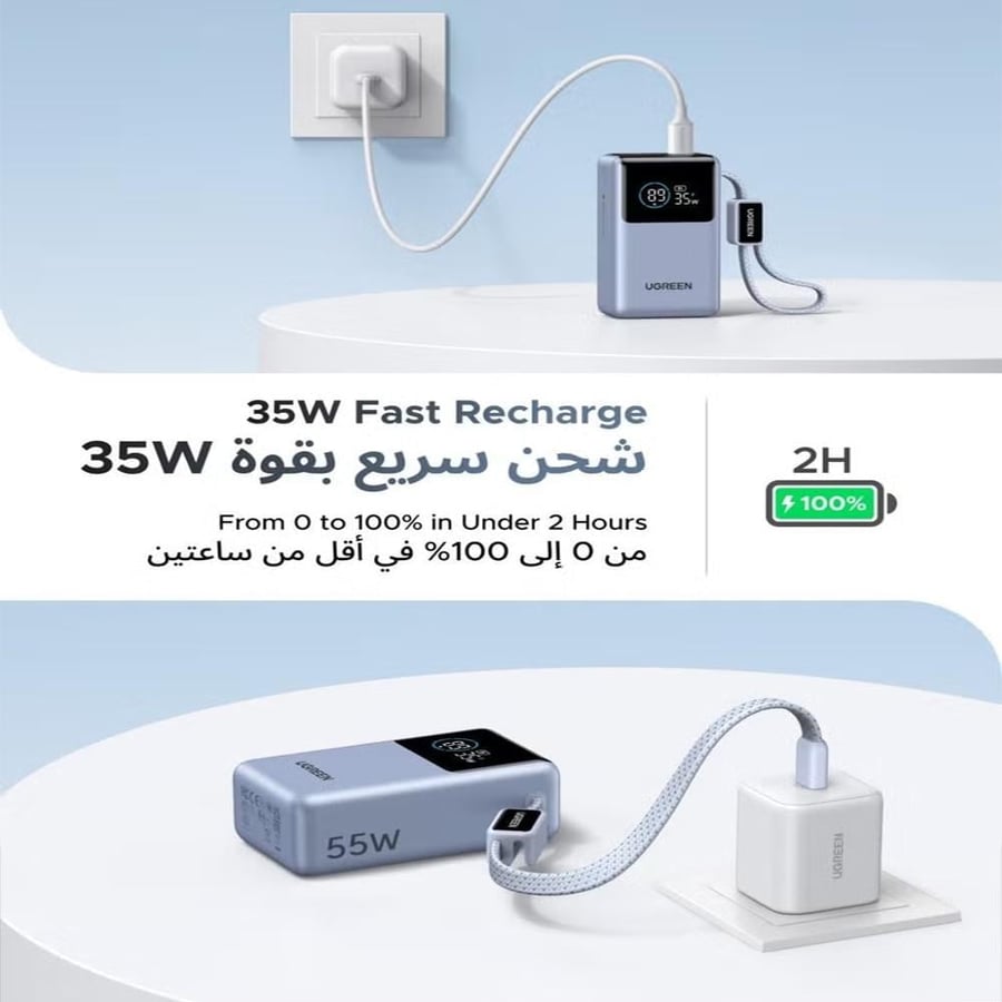 يوجرين باور بانك 10000mAh بقدرة 55W مع كابل USB-C مدمج وشاشة رقمية، باور بانك شحن سريع وباور بانك لابتوب بثلاثة مخارج لـ iPhone 17 وSamsung Galaxy S25 وشاومي blue