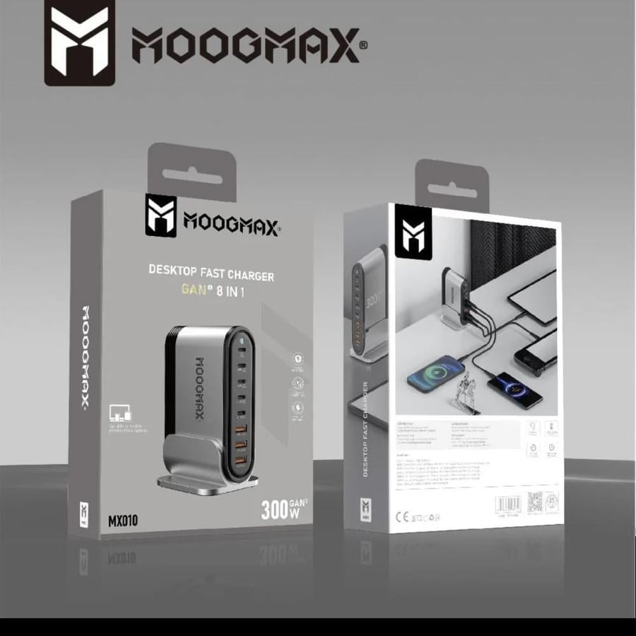 منصة شحن بقوة 300 واط من موج ماكس 5مداخل PD و 3مداخل يو اس بي DESKTOP FAST CHARGER GAN 8 IN 1