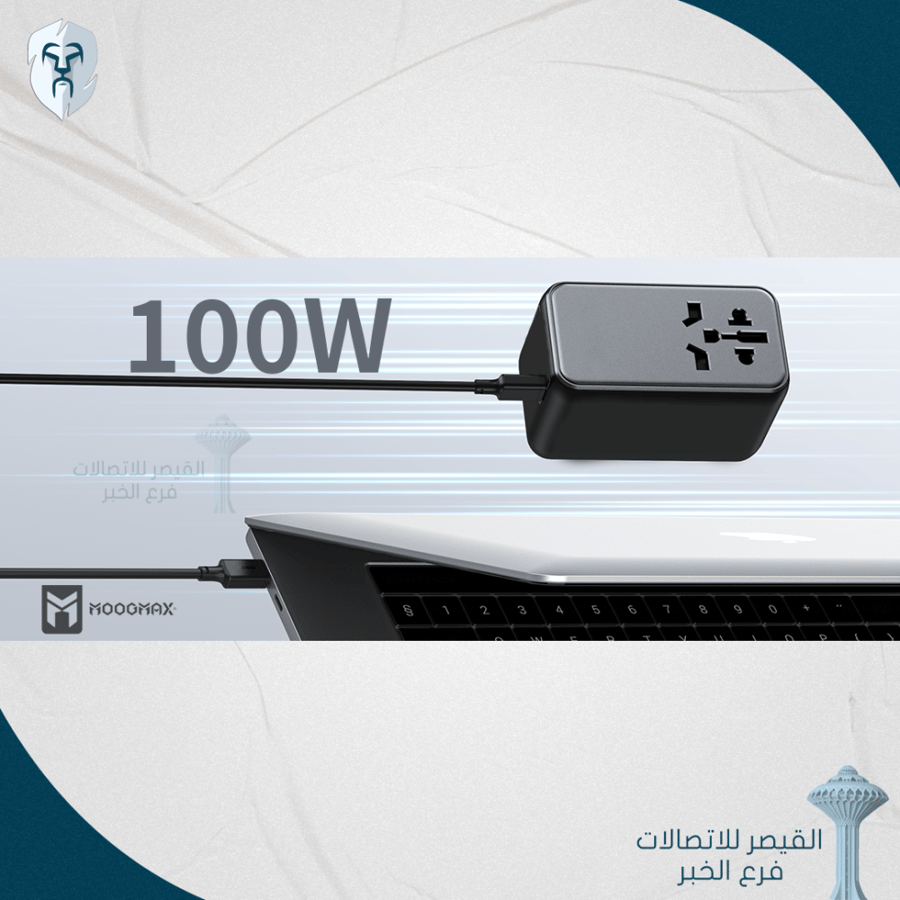 فيش شحن جداري عالمي للسفر بقوة 100 واط منفذين USB و 3 منافذ PD