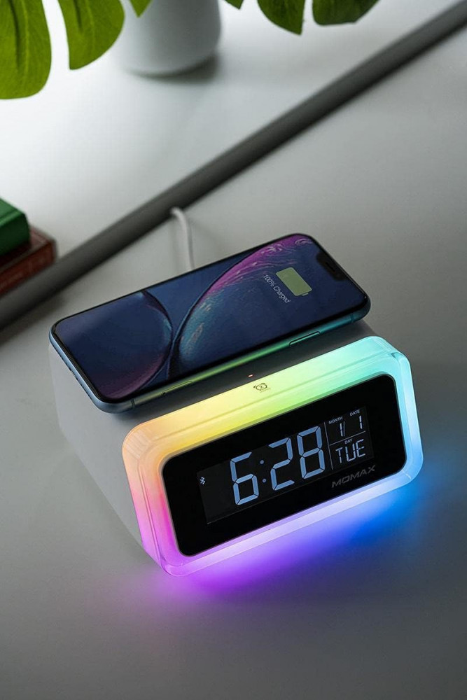 Q Clock2 digital clock with wireless charger - white