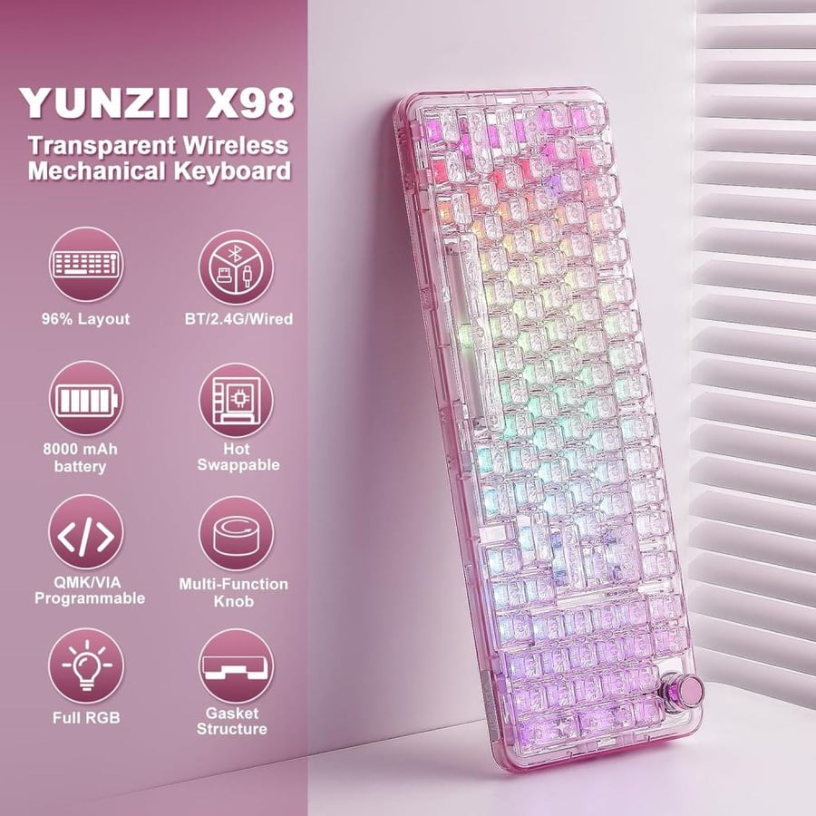 يونزيل كيبورد العاب لاسلكي ميكانيكي X98 مع مقبض، ثلاثي الاوضاع BT5.0/2.4Ghz/USB-C، مفتاح تشحيم مسبق،