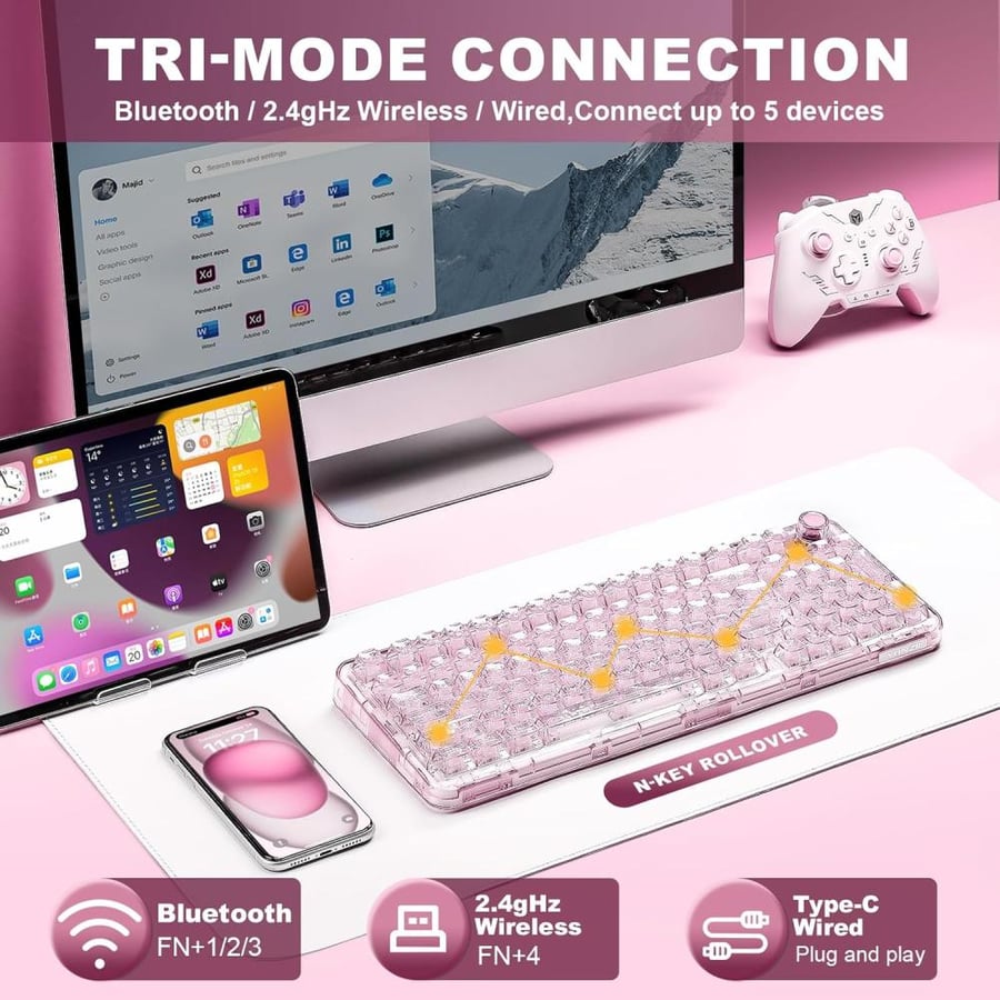 يونزيل كيبورد العاب لاسلكي ميكانيكي X98 مع مقبض، ثلاثي الاوضاع BT5.0/2.4Ghz/USB-C، مفتاح تشحيم مسبق،