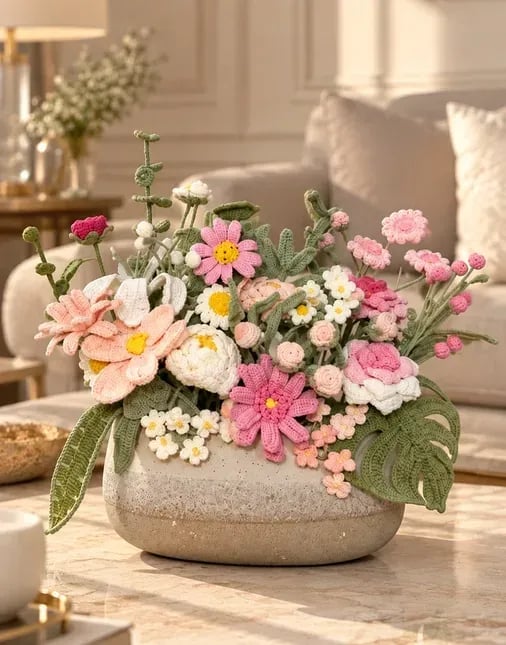 Crocheted Pastel Blooms in a Cozy Salon png