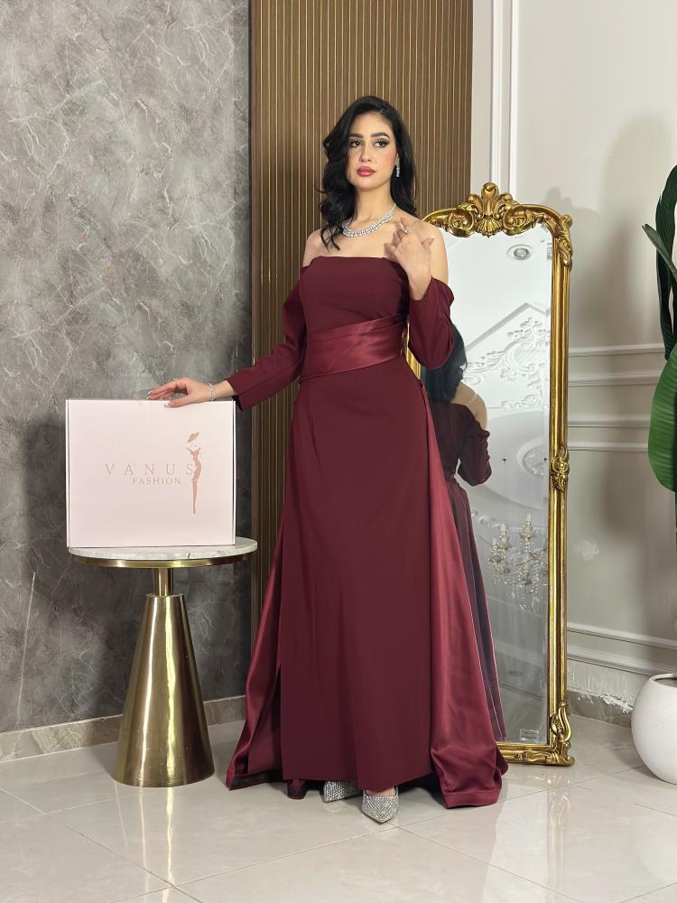7526-فستان سهرة عودي طويل بأكمام وخصر ساتان