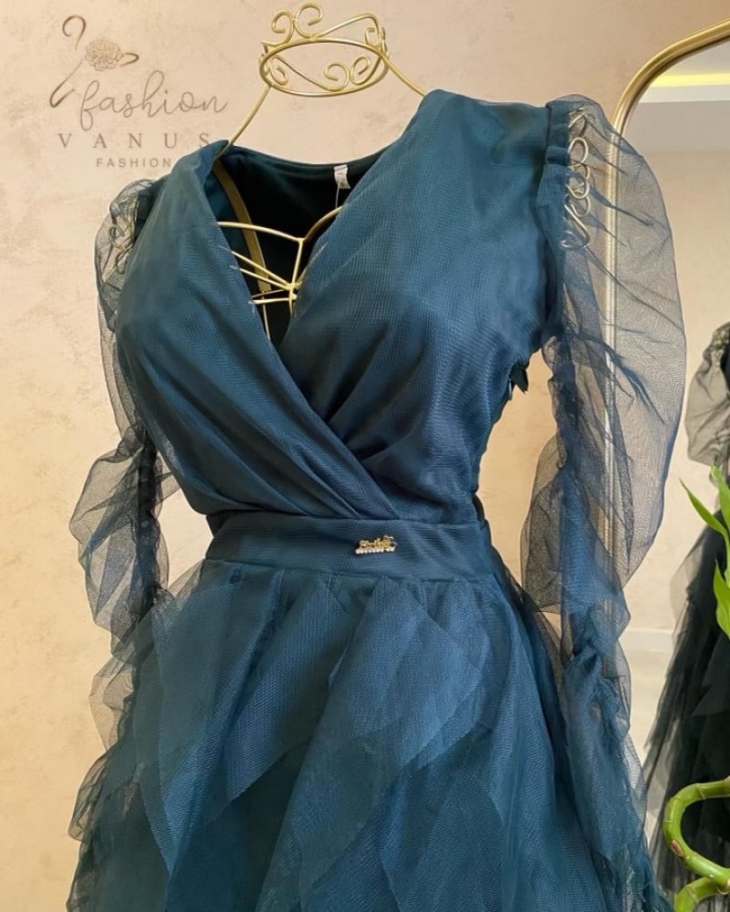 فستان سهرة ناعم زيتي  3085
