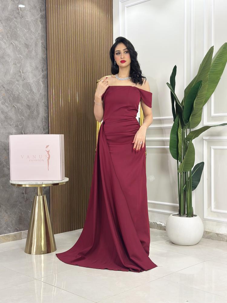7535- فستان سهرة عودي طويل أوف شولدر درابيه
