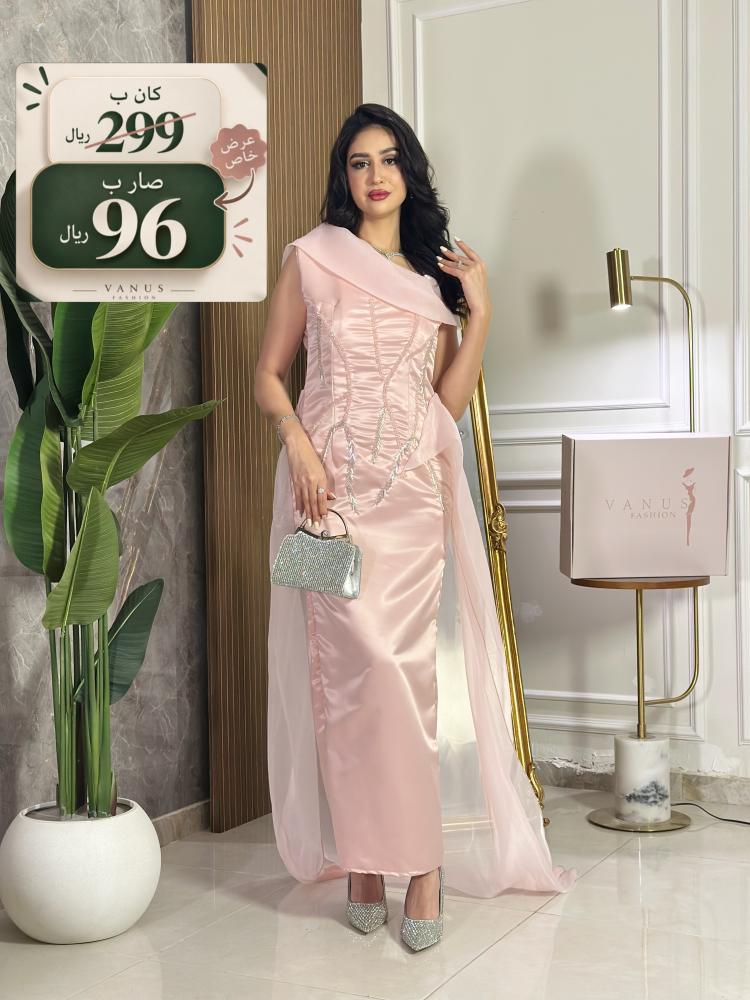 7542-فستان سهرة وردي طويل ساتان بتطريز فاخر