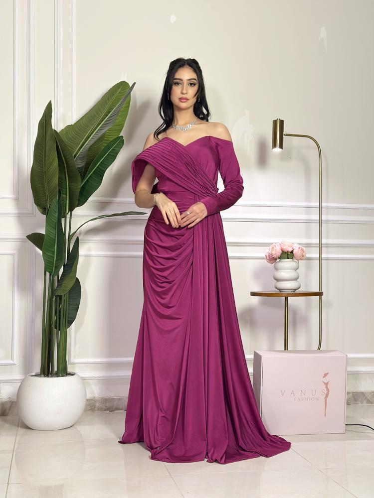 7489-فستان سهرة فوشي طويل درابيه بكم واحد