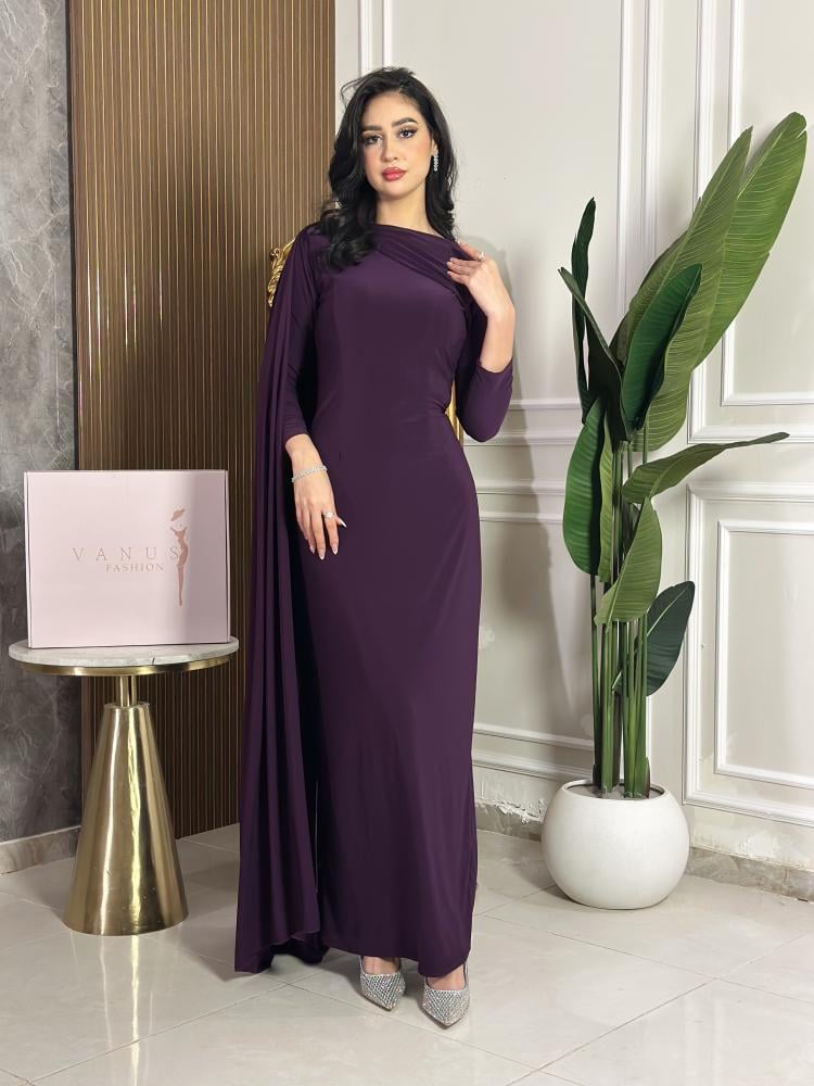 7554-فستان سهرة موفي طويل بكاب جانبي أنيق