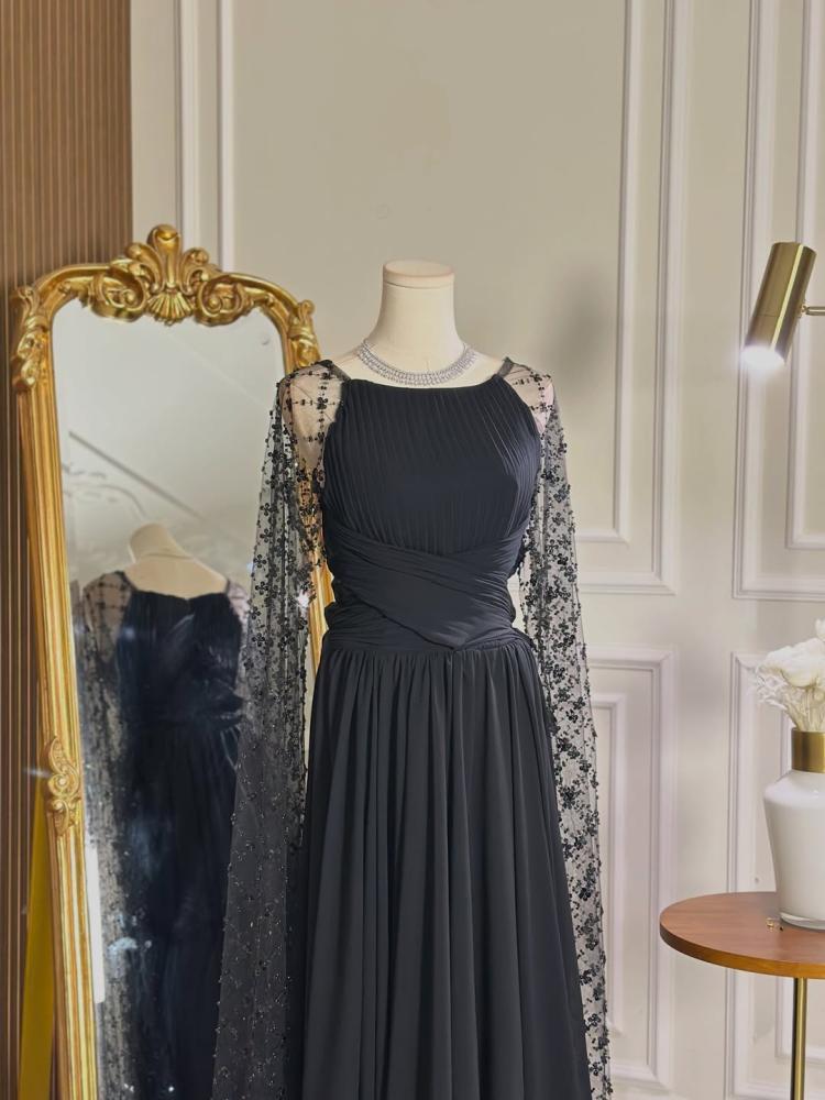 7391-فستان سهرة أسود بأكمام ترتر شفافة dress