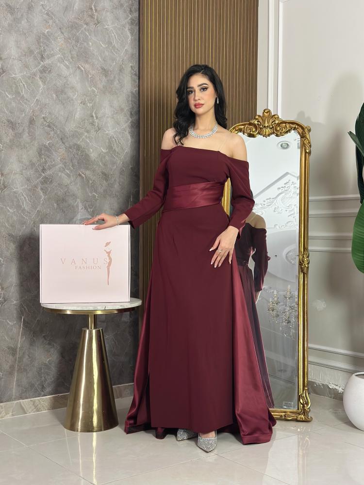 7526-فستان سهرة عودي طويل بأكمام وخصر ساتان