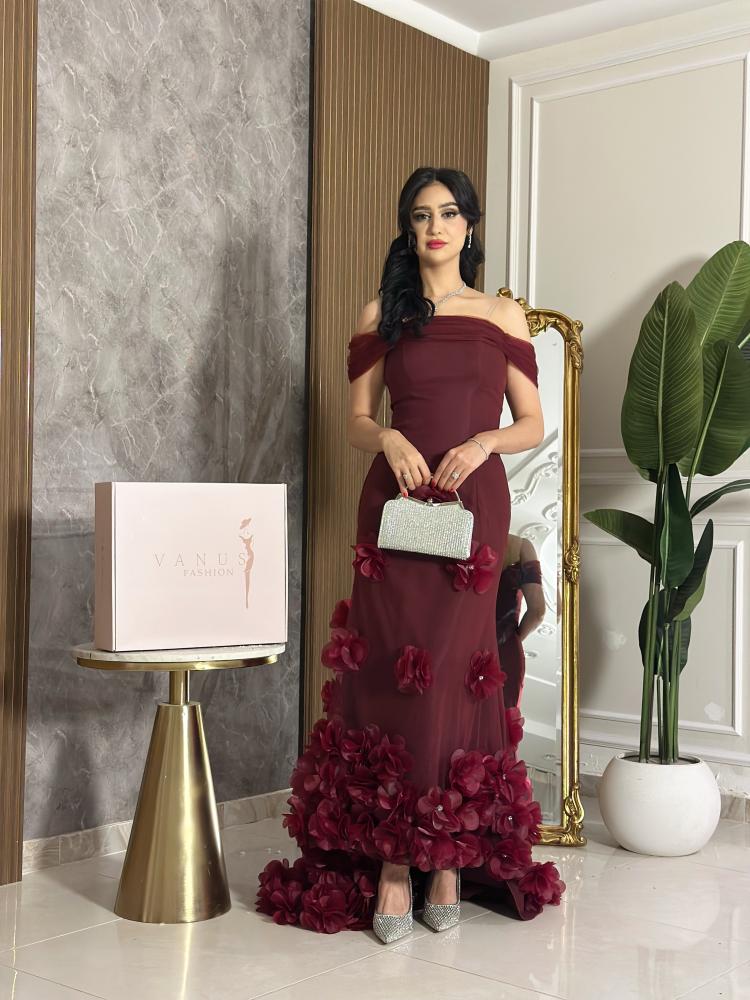 7468-فستان سهرة بالورود ثلاثية الأبعاد – عنابي وبنفسجي