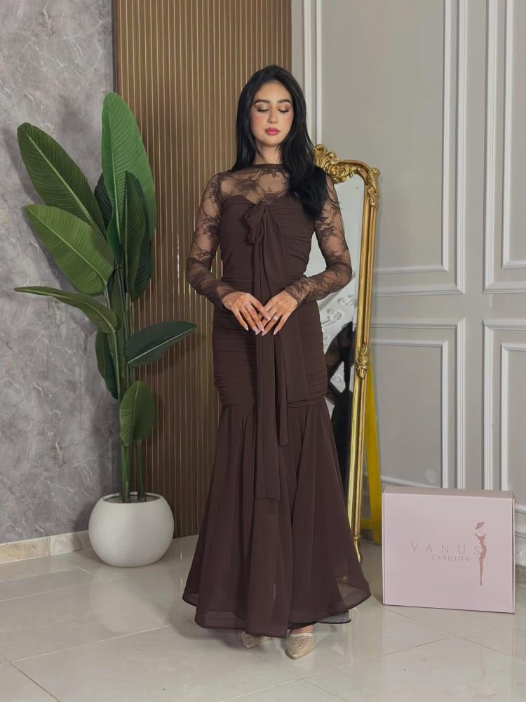 7405 -فستان سهرة باللون البني الشوكولاتة