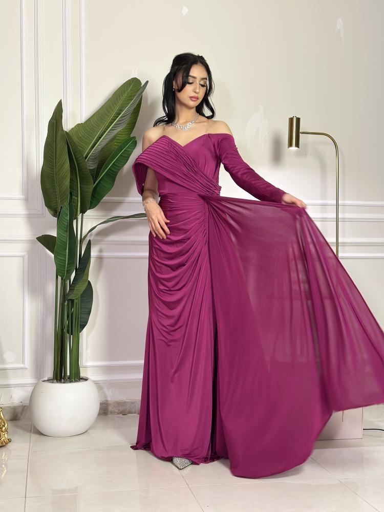 7489-فستان سهرة فوشي طويل درابيه بكم واحد