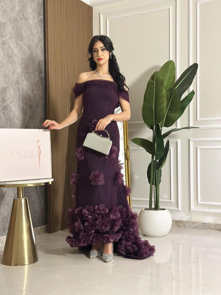 7468-فستان سهرة بالورود ثلاثية الأبعاد – عنابي وبنفسجي