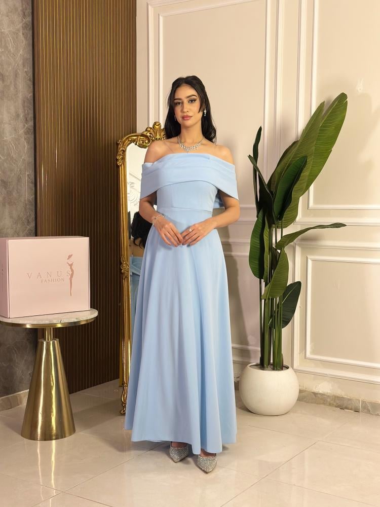 7495-فستان سهرة سماوي طويل أوف شولدر