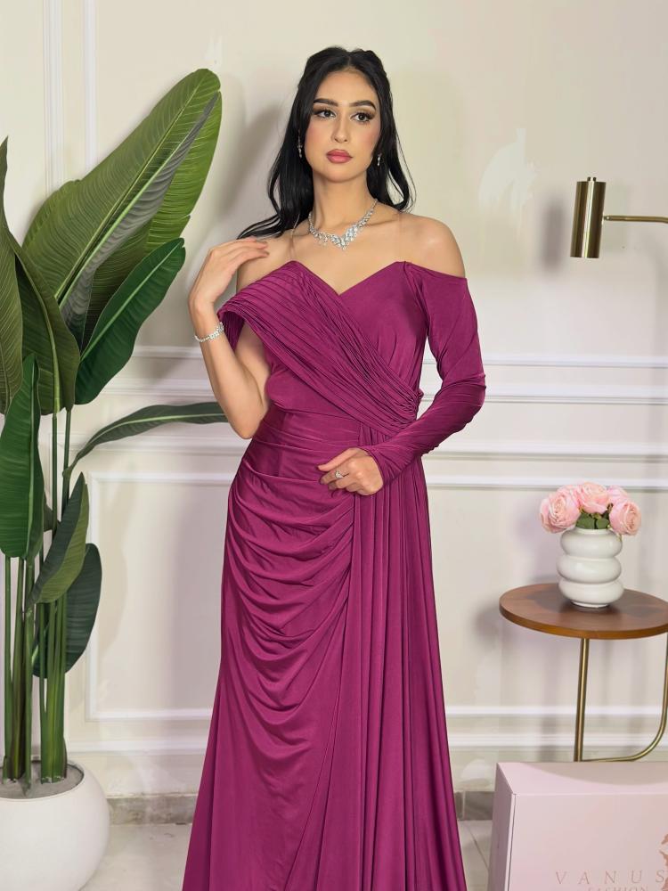 7489-فستان سهرة فوشي طويل درابيه بكم واحد