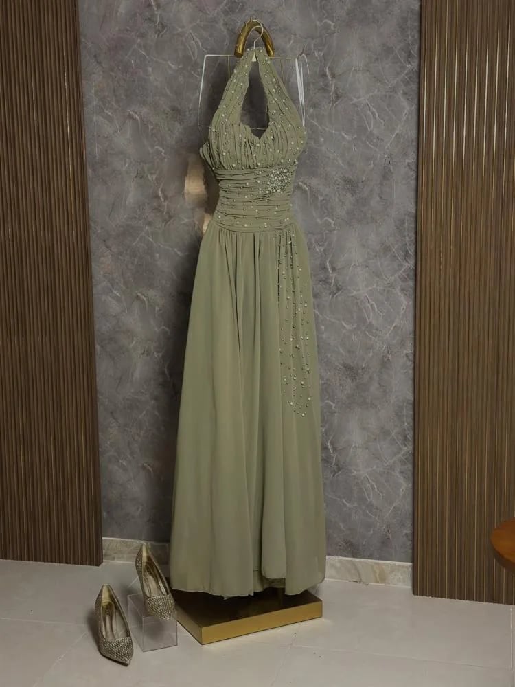 6764 - فستان سهرة راقٍ بلون زيتي هادئ