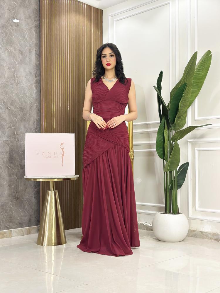 7567-فستان سهرة عودي طويل بتصميم بليسيه أنيق
