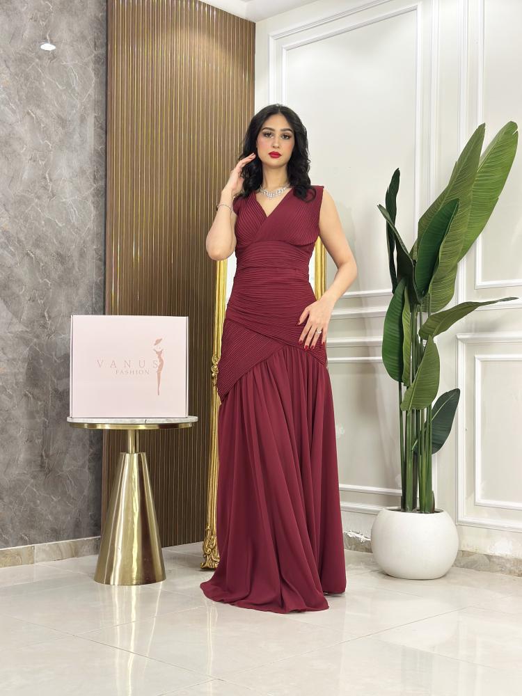 7567-فستان سهرة عودي طويل بتصميم بليسيه أنيق