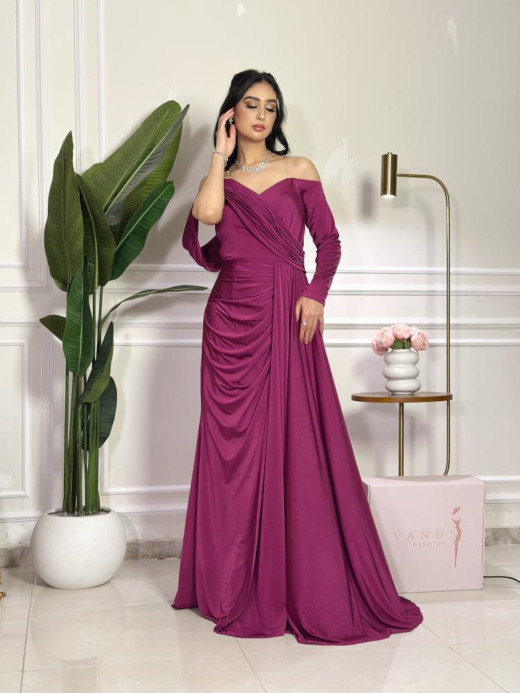 7489-فستان سهرة فوشي طويل درابيه بكم واحد