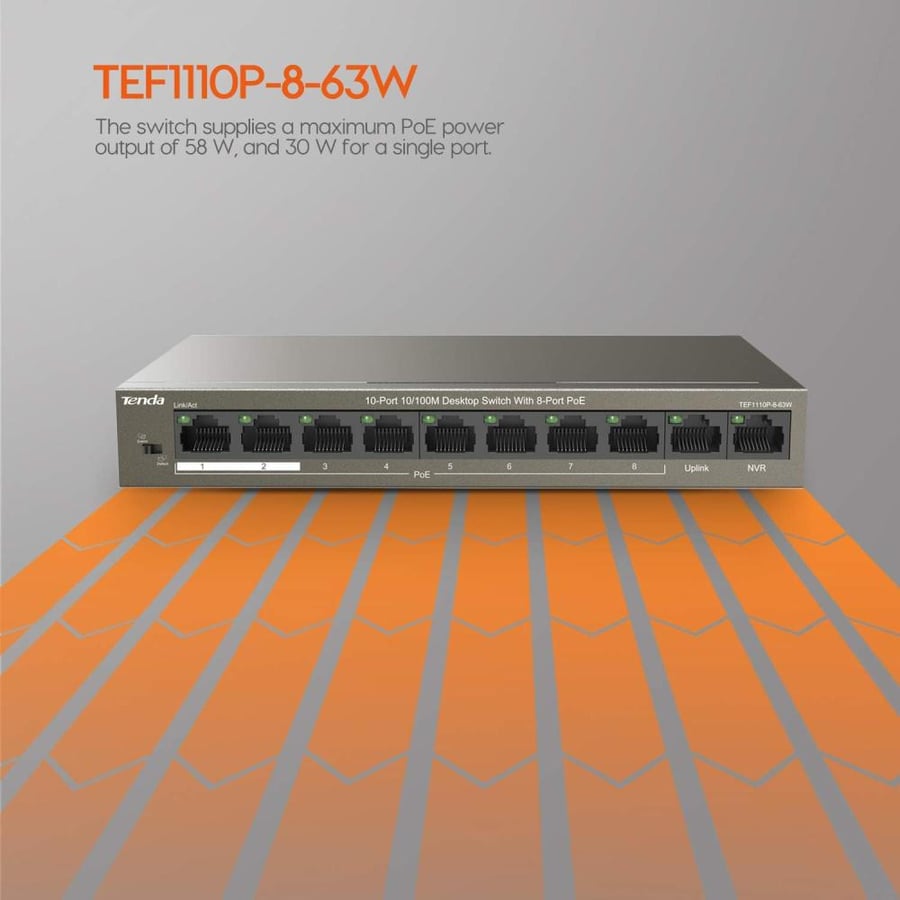 TEF1110P-8-63W محول مكتبي 10 منافذ بسرعة 10-100 ميجابت في الثانية