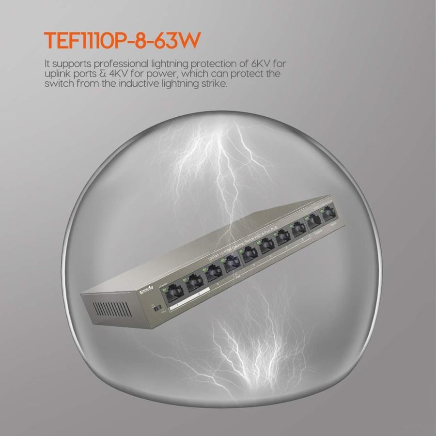 TEF1110P-8-63W محول مكتبي 10 منافذ بسرعة 10-100 ميجابت في الثانية
