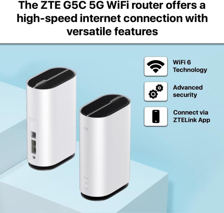 زد تي اي، راوتر منزلي 5 جي، نطاق مزدوج، حتى 1.8 جيجابت للثانية، G5C ، أبيض
