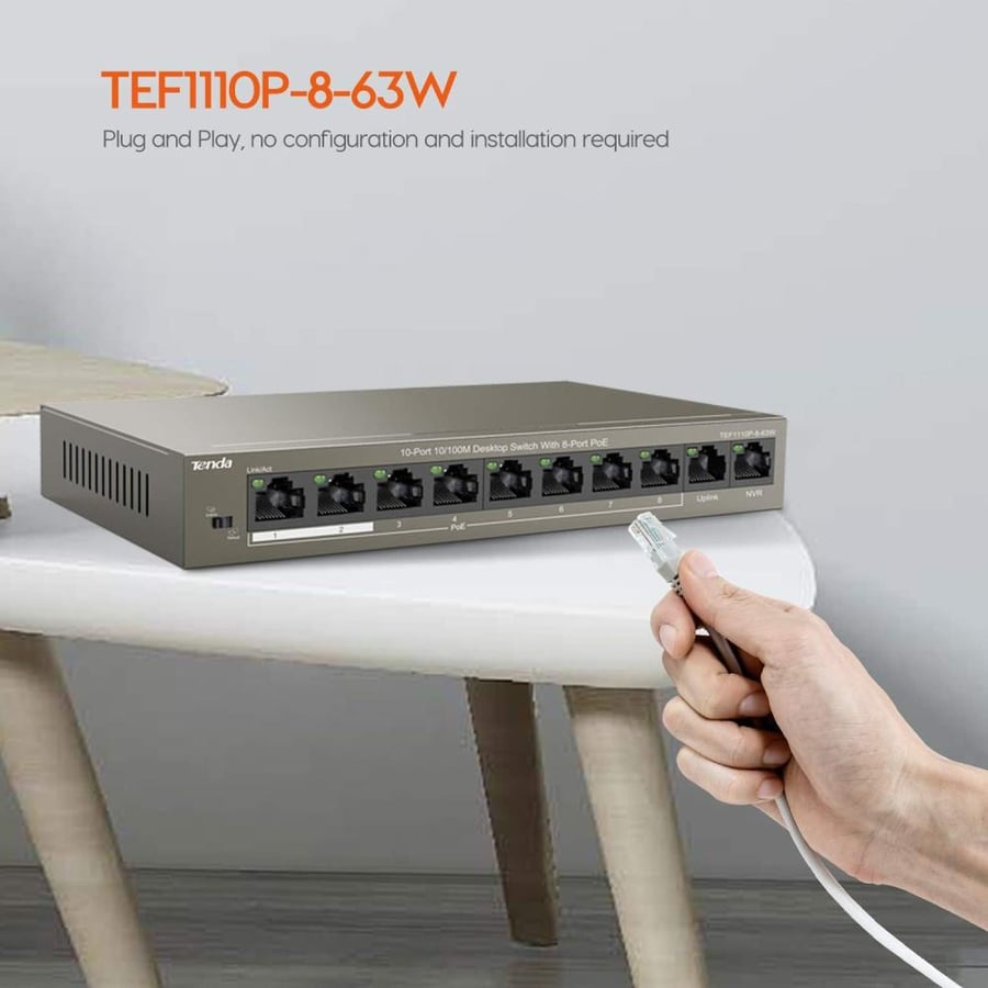 TEF1110P-8-63W محول مكتبي 10 منافذ بسرعة 10-100 ميجابت في الثانية