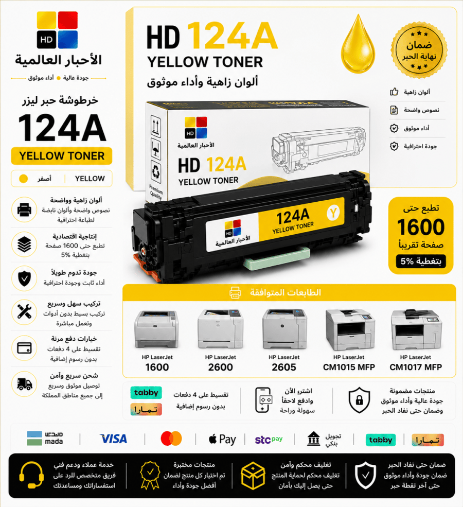 خرطوشة حبر ليزر HD 124A أصفر بديلة متوافقة مع طابعات HP | ضمان حتى نفاد الحبر