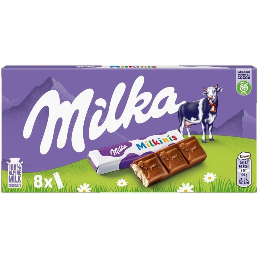 milka milkins | ميلكا لوح شوكولاتة الحليب بكريمة حليب جبال الألب | 8 قطع × 87.5 جرام