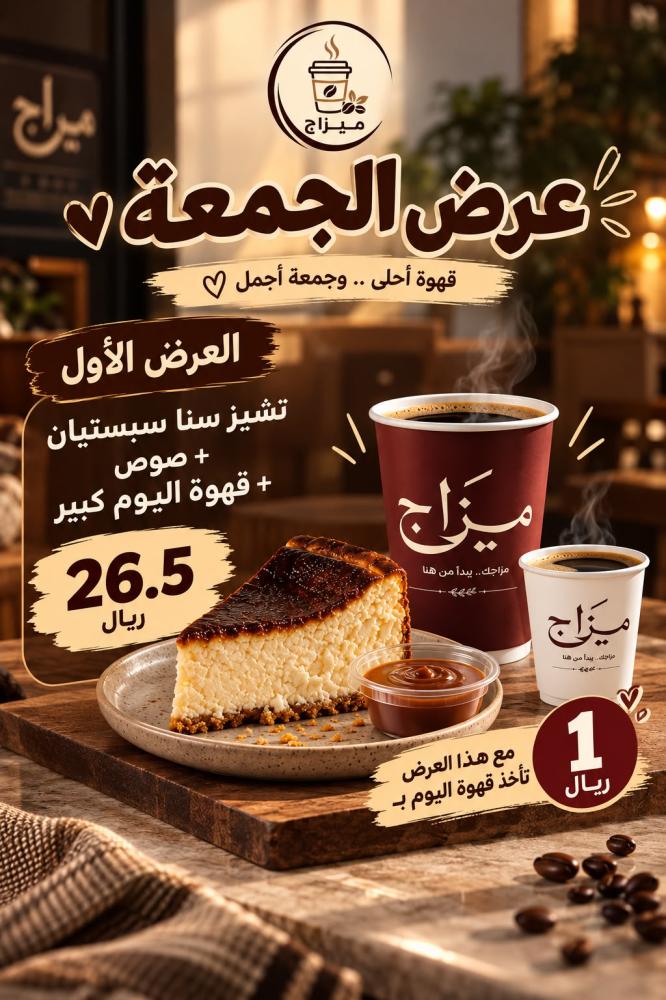 عرض قهوة اليوم كبير 7 ريال  + 1 تشيز سان سبستيان 18 ريال + صوص 1.5 ريال + قهوة اليوم ب 1 ريال