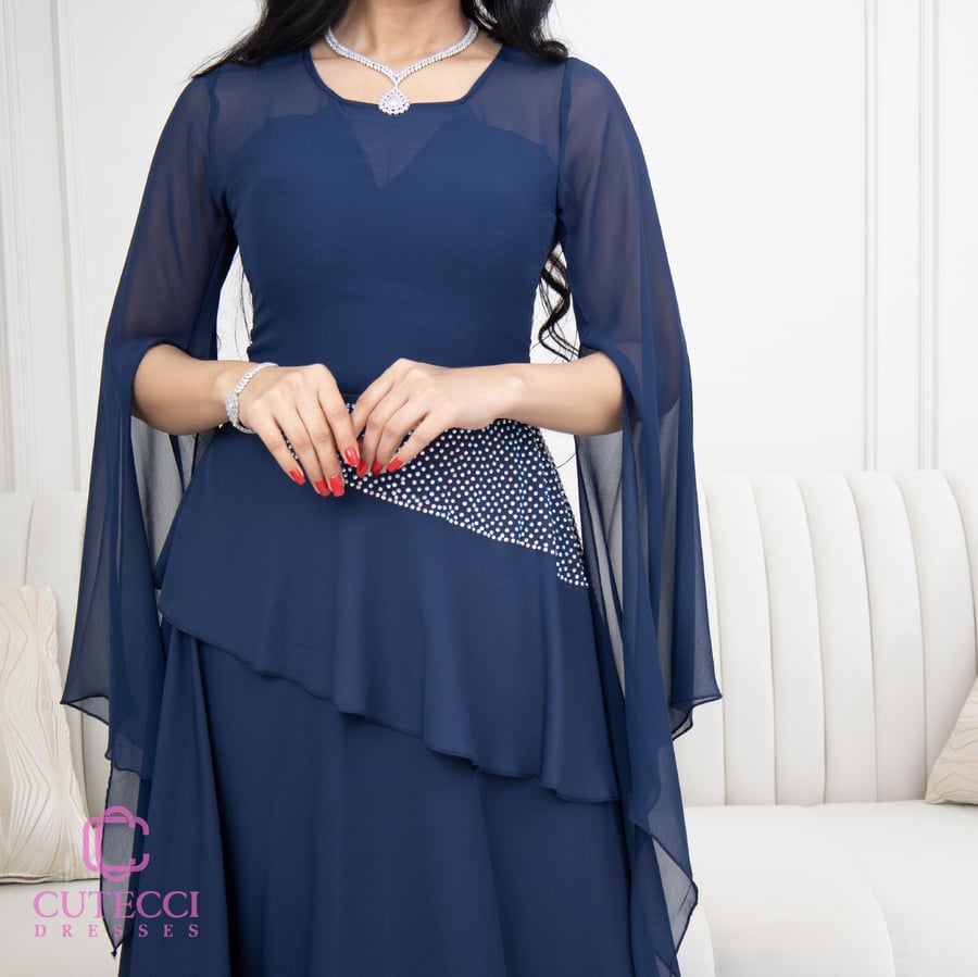 فستان كحلي شيفون بفصوص كرستال – CUTECCI