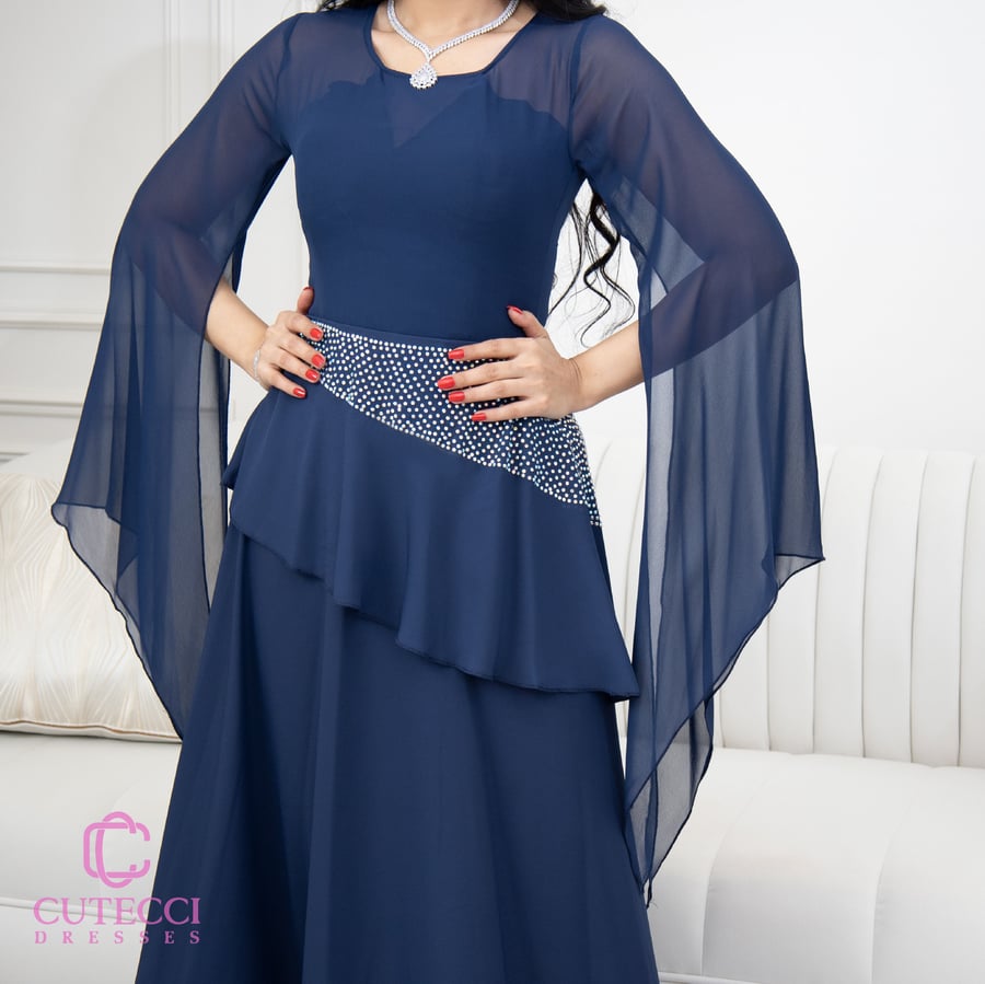 فستان كحلي شيفون بفصوص كرستال – CUTECCI
