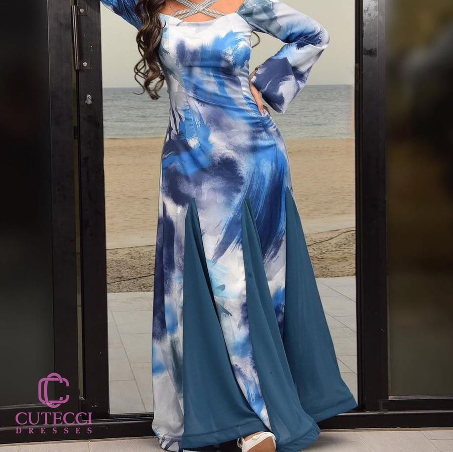 فستان سواريه سهرة سماوي ملكي طويل مطبوع