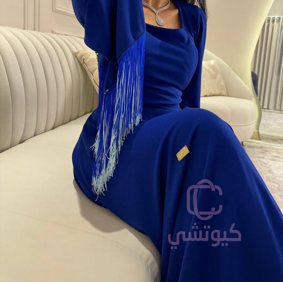 فستان سهرة نجمة الليل الهادئ باللون الأزرق بأكمام هدب أنيقة من Cutecci