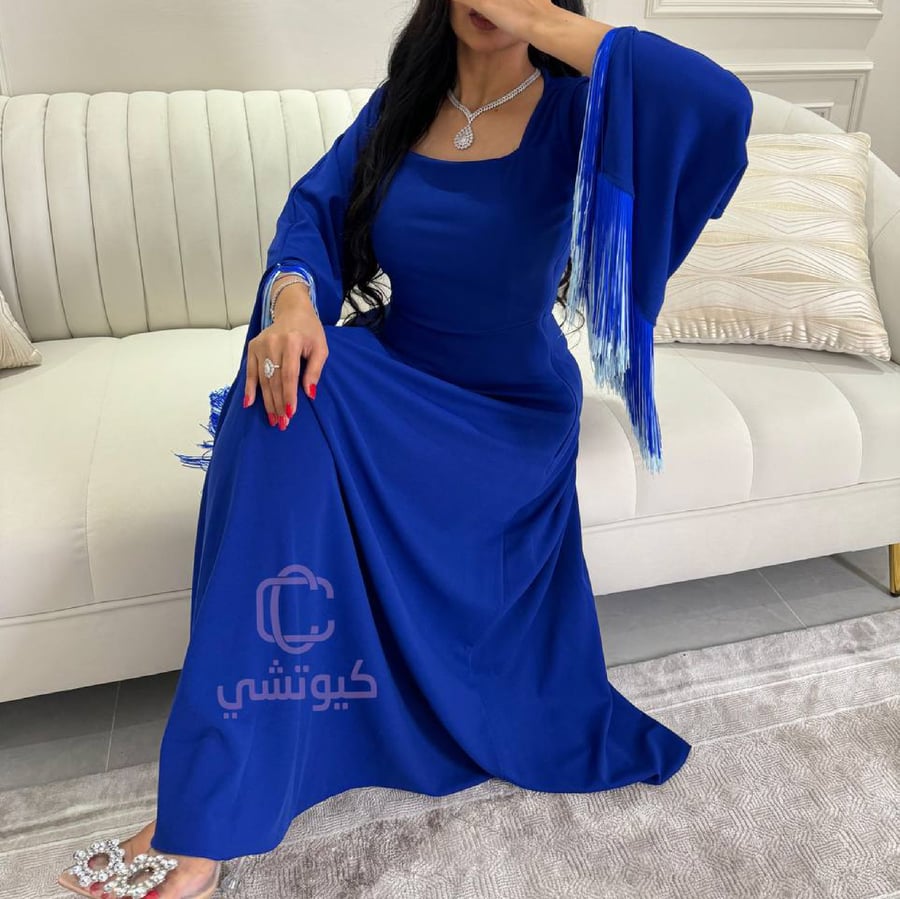 فستان سهرة نجمة الليل الهادئ باللون الأزرق بأكمام هدب أنيقة من Cutecci