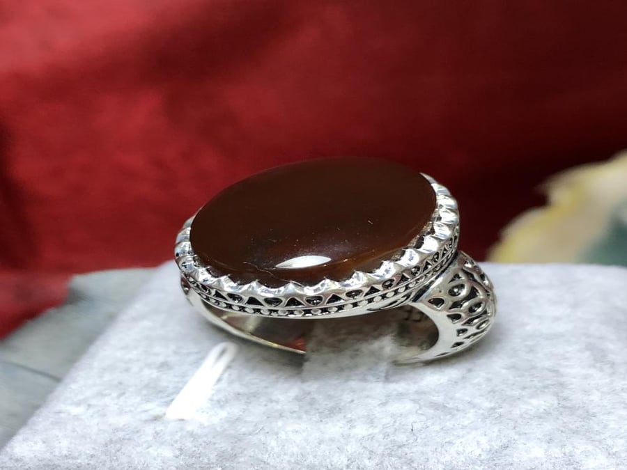 خاتم فضه بحجر العقيق اليماني الكرزي صياغة 3D بختم الرفاعى