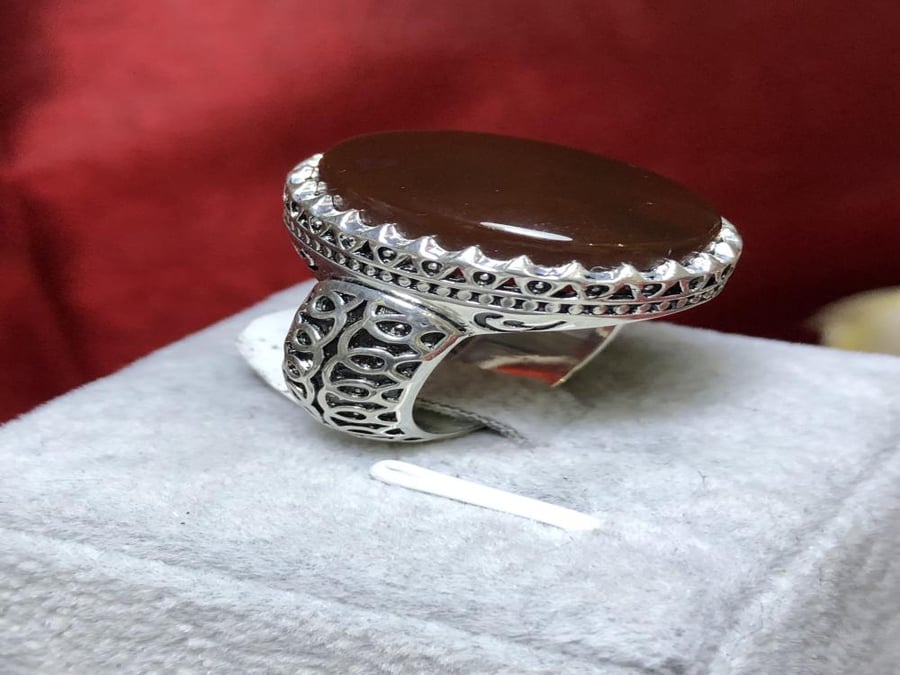 خاتم فضه بحجر العقيق اليماني الكرزي صياغة 3D بختم الرفاعى