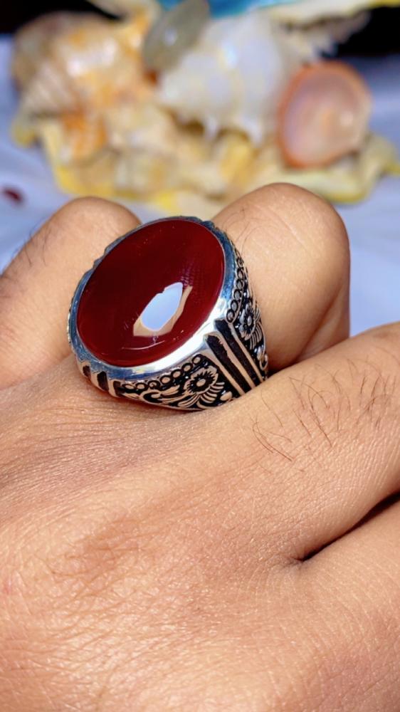 خاتم فضة بحجر العقيق اليماني الاحمر الكبدي صياغه عارف