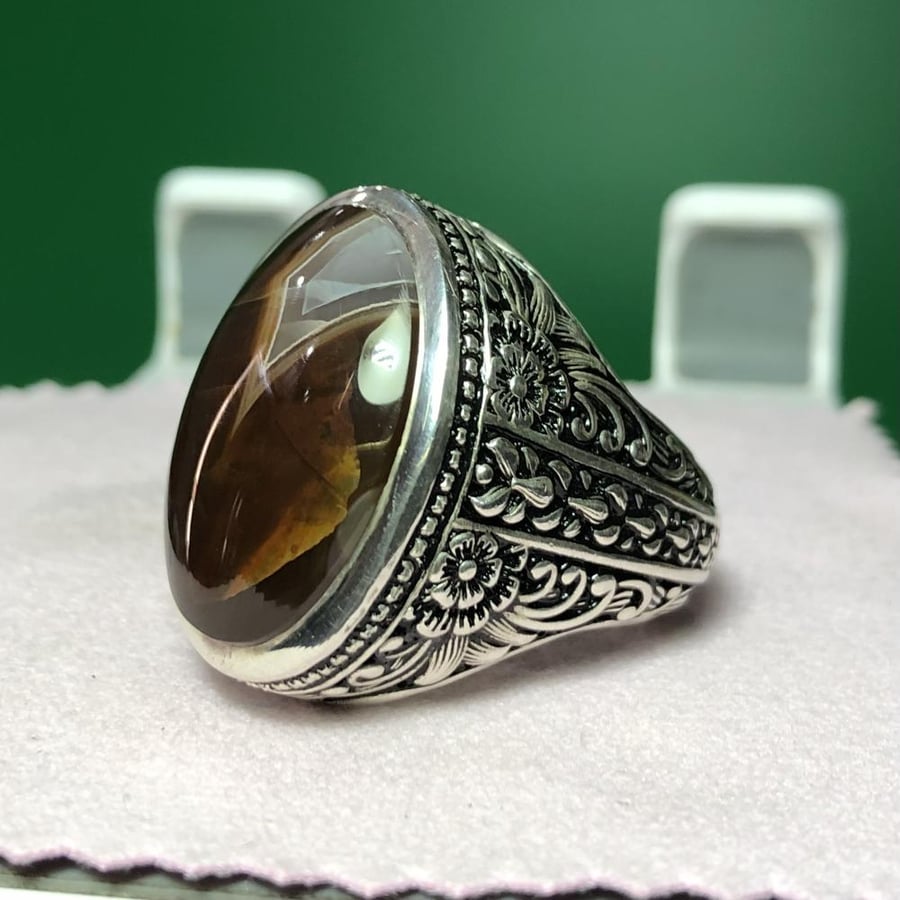 خاتم فضه بحجر العقيق اليماني الكرزي المزعفر صياغة عارف 990