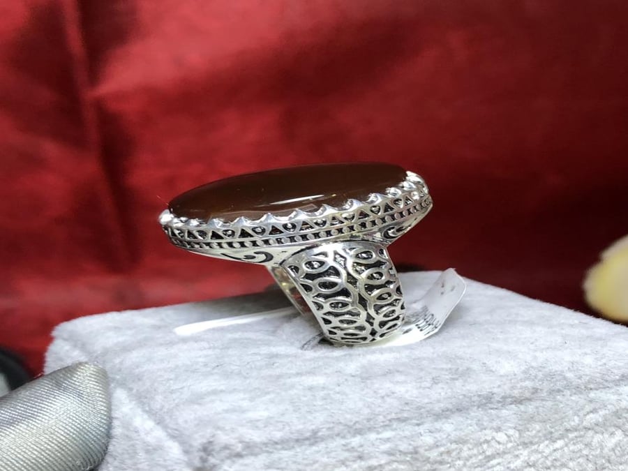 خاتم فضه بحجر العقيق اليماني الكرزي صياغة 3D بختم الرفاعى