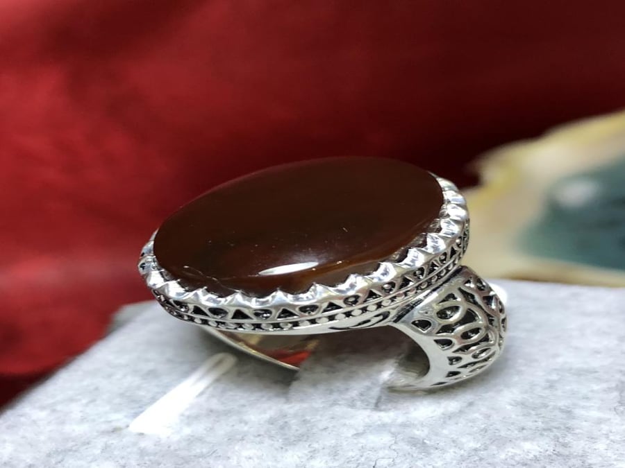 خاتم فضه بحجر العقيق اليماني الكرزي صياغة 3D بختم الرفاعى