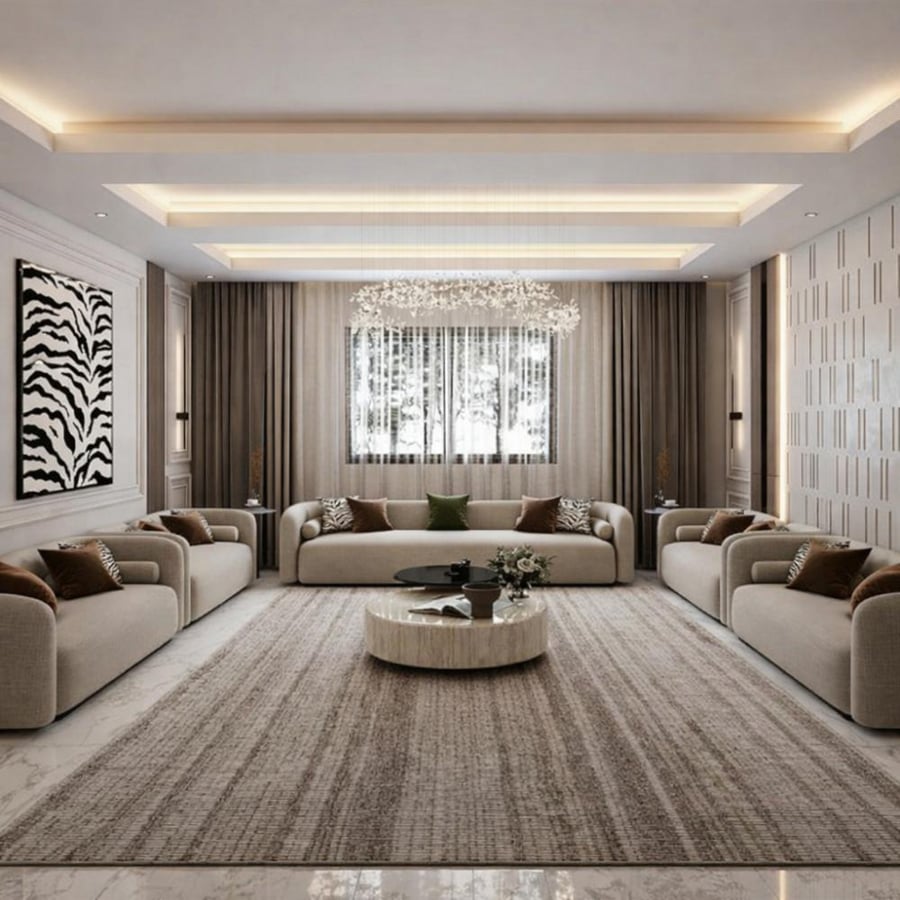 طقم كنب 5 قطع بلون بيج فخم وتصميم راقي وأنيق