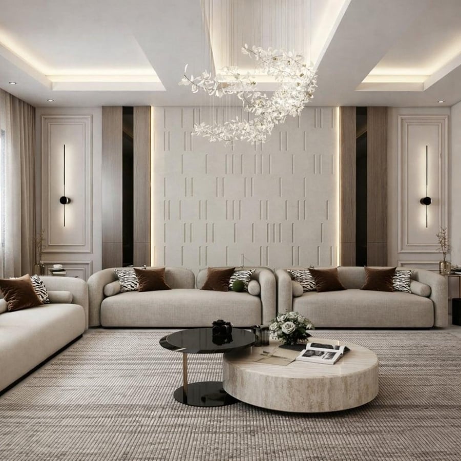 طقم كنب 5 قطع بلون بيج فخم وتصميم راقي وأنيق