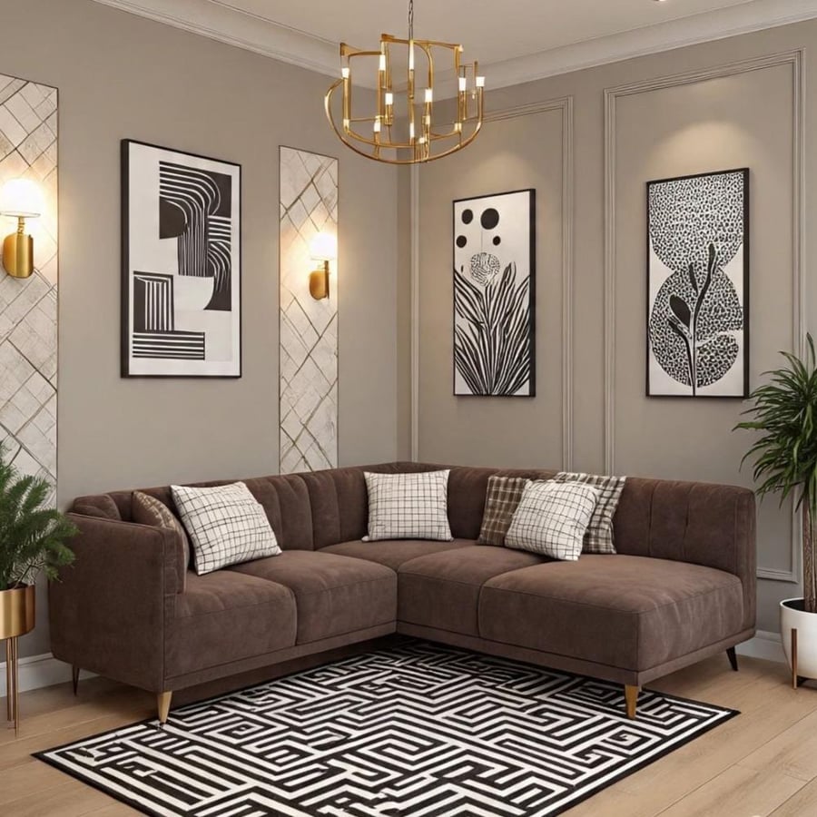 كنب زاوية حرف L بلون بني مميز وتصميم مودرن وفخم