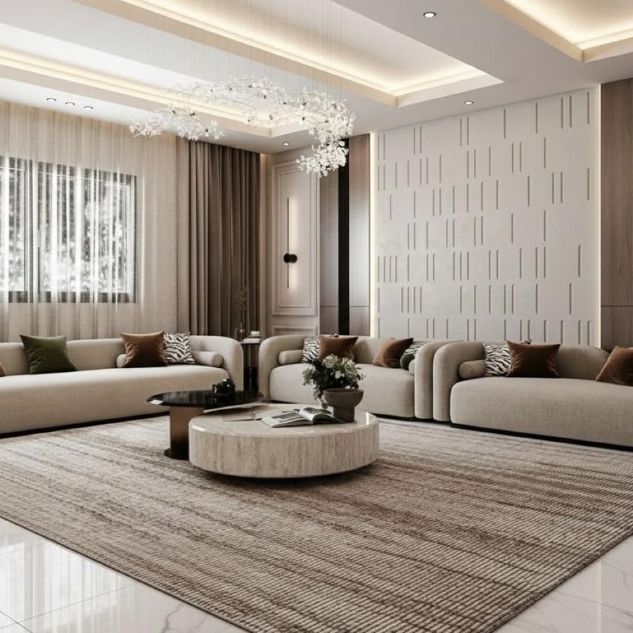 طقم كنب 5 قطع بلون بيج فخم وتصميم راقي وأنيق