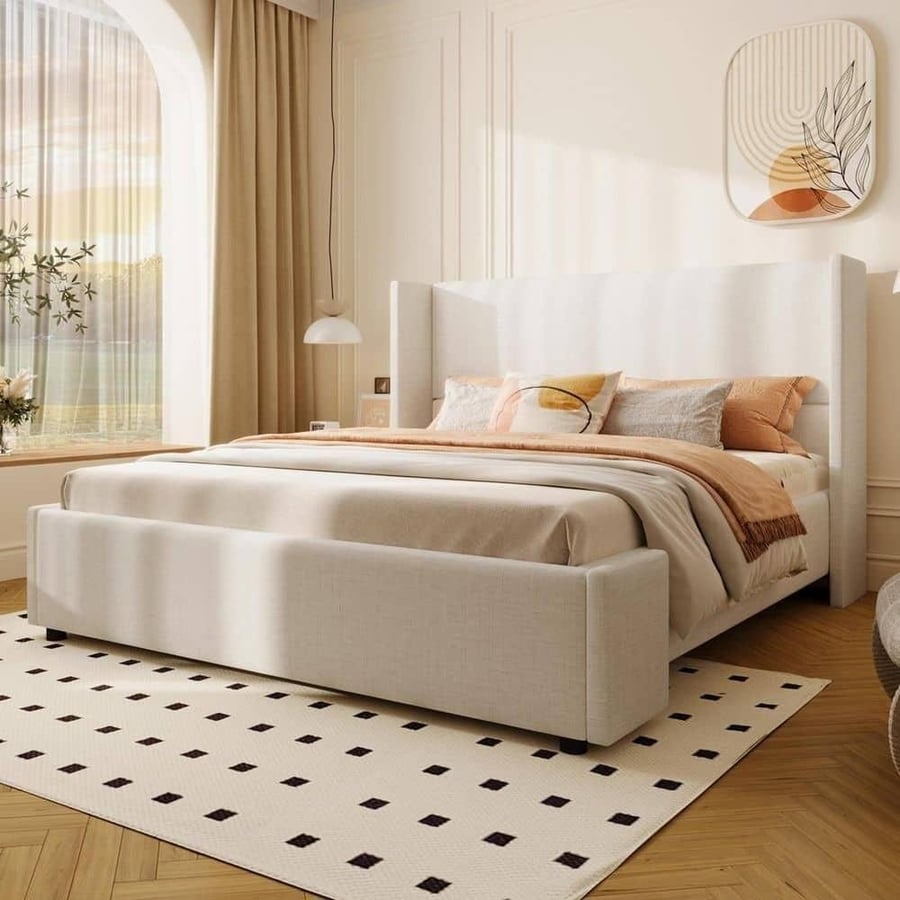 سرير مودرن بتصميم هندسي راقي لون أوف وايت
